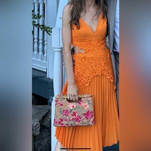 ASOS orange pleated lace midi dress